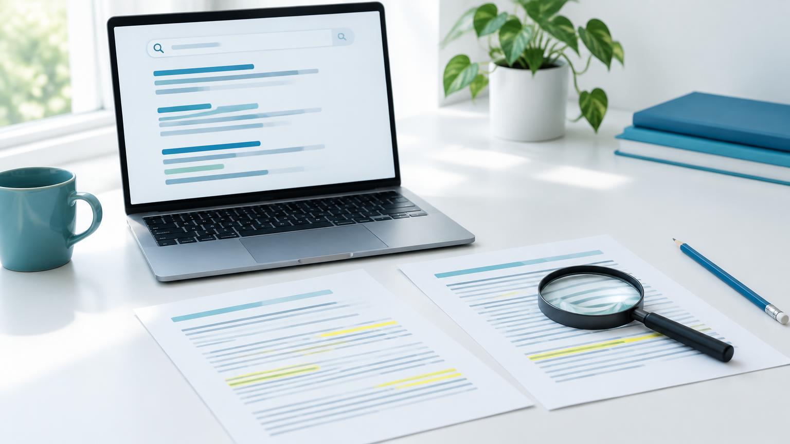Laptop and highlighted documents on a desk for checking online sources